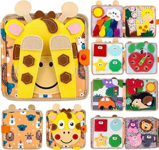 Giraffe Busy Book for Toddlers 3-5,Felt Quiet Book Sensory Learning Activity Books,Road Trip Toys for Toddlers Busy Board,Airplane Car Travel Toys, Gifts for Boys Girls 3