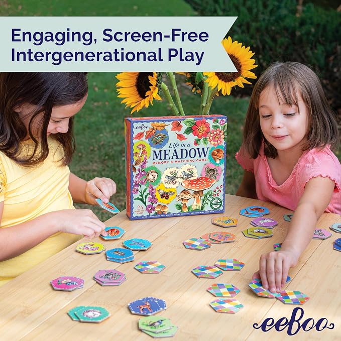 eeBoo Life in a Meadow Memory & Matching Game, Ages 3+, 1-4 Players | Introduces woodland flora & fauna. Sharpens recognition, concentration & memory skills. Includes 48 hexagonal tiles, 24 pairs