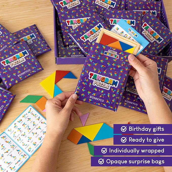 BONNYCO Tangram Puzzle Wooden Pack 30 Kids Party Favors. Goodie Bags Stuffers for Kids 3-5 4-8, Return Gifts for Birthday Party. Goody Bag Stuffers, Pinata Filler Toys Bulk. Classroom Prizes, Rewards