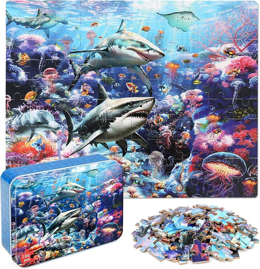 LELEMON Puzzles for Kids Ages 4-6 6-8 8-10 100 Pieces Jigsaw Puzzles for Kids Underwater World Ocean Learning Educational Puzzles Portable Box Pack Toy for Boys and Girls