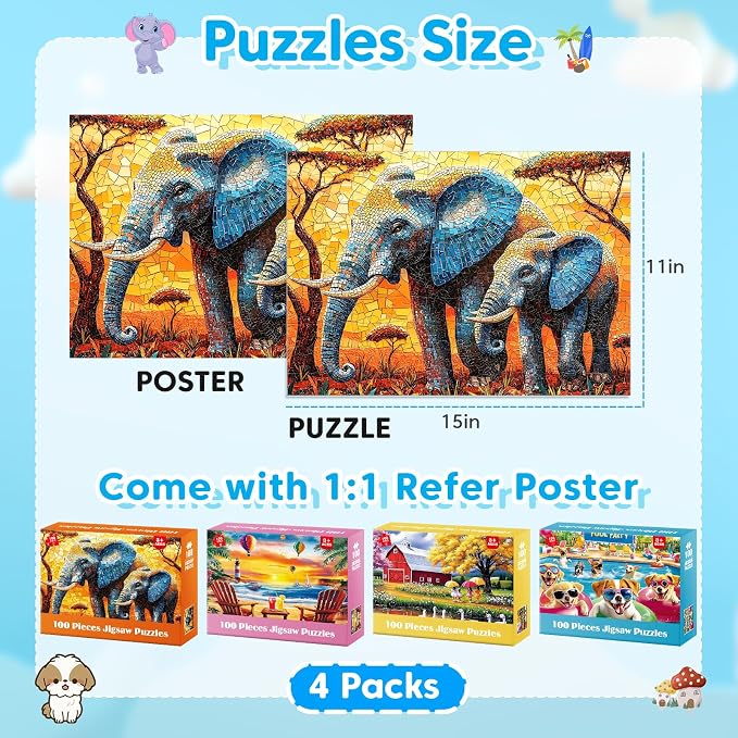 Puzzles for Kids Ages 6-8 8-10 Year Old - Elephants, Farm, Beach, Dogs, Large Piece Puzzles for Seniors Adults 100 Pieces Jigsaw Puzzle for Kids Ages 4-6, Learning Educational Toys