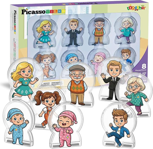 PicassoTiles 8pc Family Character Action Figures Accessory Add On Compatible with Magnet Tile Building Construction Sets STEM Pretend Play Educational Toys for Learning Preschool Kids Ages 3+ PTA110