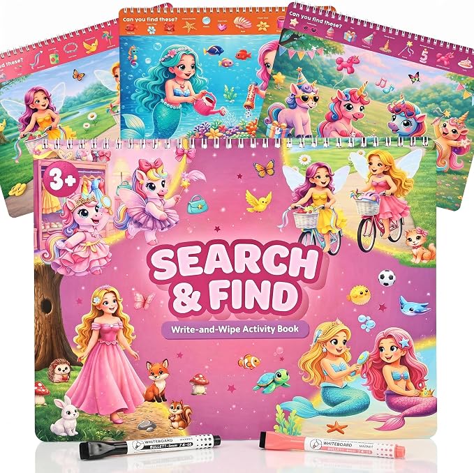 Fun Search and Find Books for Kids 3-5 - Cute Road Trip Game for Girls 4-8 | Magical Princess, Unicorn and Mermaid Scenes W Markers - Essential Travel Activity for Hours of Fun on Car Rides and Planes