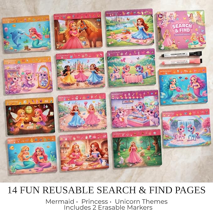 Fun Search and Find Books for Kids 3-5 - Cute Road Trip Game for Girls 4-8 | Magical Princess, Unicorn and Mermaid Scenes W Markers - Essential Travel Activity for Hours of Fun on Car Rides and Planes