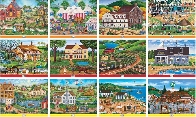 MasterPieces – Jigsaw Puzzle 12-Pack Bundle Set, Fun for Adults and Family, Folk Art Collection, (4) Round 100 Piece, (4) 300 Piece, (4) 500 Pieces