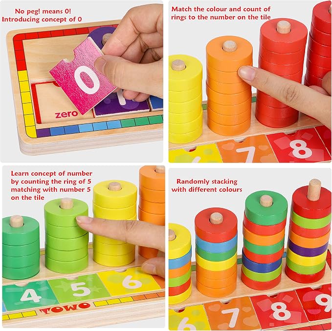 TOWO Wooden Counting Ring Stacker, 45 Rings Number Blocks Toy | Includes 45 rings and number blocks for sorting, counting and early math; Montessori learning toy for kids age 3+