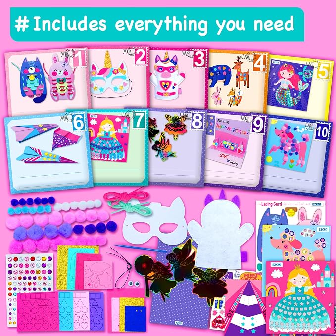 EZCRA Unicorn Craft Box for Kids Ages 4-8 – 21 Projects in 1 | Unicorn Craft Kit for Girls. 21 Craft Projects included. Mess-Free Activity Kit. Birthday Gift for Girls.