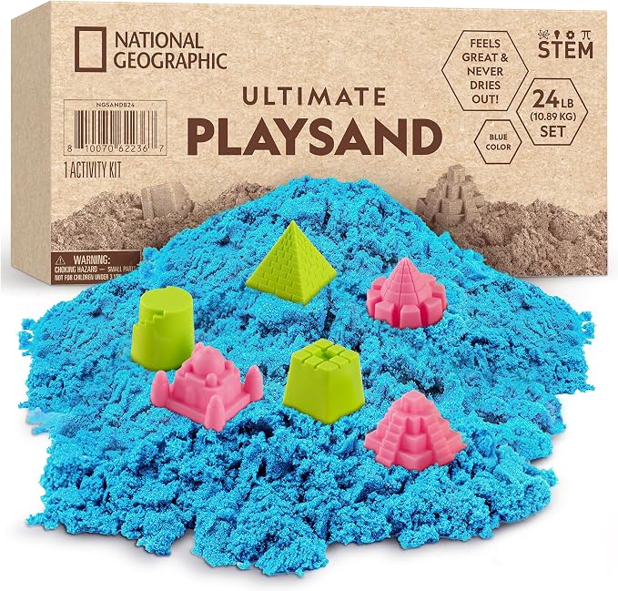 National Geographic Moon Sand 24 Lb. Bulk Play Set with 6 Castle Molds | Blue Color, 24 Lbs. of Moldable Play Sand, 6 Castle Molds, No-Mess Sensory Activity, Sensory Bin Filler, Creative Building