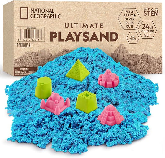 National Geographic Moon Sand 24 Lb. Bulk Play Set with 6 Castle Molds | Blue Color, 24 Lbs. of Moldable Play Sand, 6 Castle Molds, No-Mess Sensory Activity, Sensory Bin Filler, Creative Building