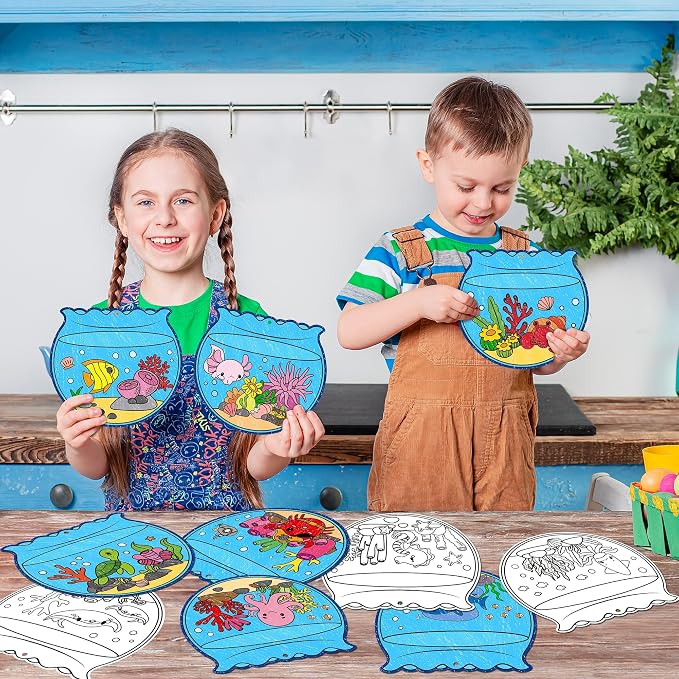 ANGOLIO Summer Fishbowl Craft Kits - 83Pcs DIY Coloring Sea Animal Ornament | Ocean Themed Paper Ornament Set, Ocean Fish Coloring Activities, Classroom Reward Party Favors, Hanging Décor For Kids Room