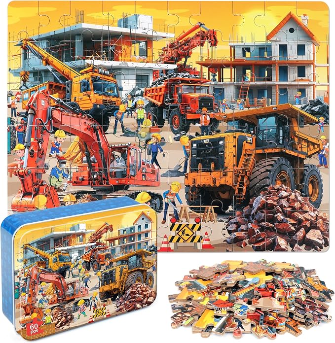 LELEMON Puzzles for Kids Ages 4-8 60 Piece Construction Site Puzzle for Kids Boys Girls Children Learning Educational Puzzls Portable Box Pack Toy