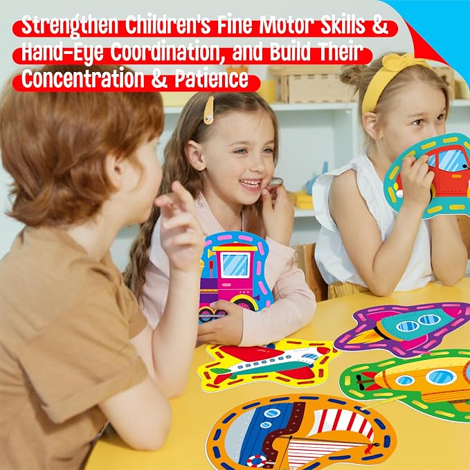 SpriteGru 9 Pieces Kids Lacing Cards, Double Sided Vehicle Sewing Cards with 9 Colorful Laces, Imagination Development Lacing Toys Games for Children Educational and Learning Activity