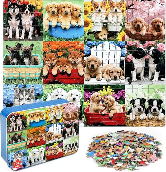 LELEMON Puzzles for Kids Ages 4-6,Cute Dogs 100 Piece Puzzles for Kids Ages 6-8 in a Metal Box,Educational Jigsaw Puzzles,Childrens 100 Piece Puzzle Games Puzzle Toys for Girls and Boys