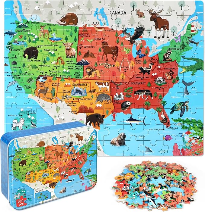 LELEMON Puzzles for Kids Ages 4-6,Animal Map 100 Piece Puzzles for Kids Ages 4-8 in a Metal Box, Educational Jigsaw Puzzles 100 Piece Puzzle Games Puzzle Toys for Girls and Boys