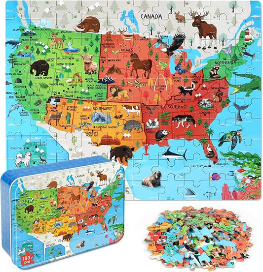 LELEMON Puzzles for Kids Ages 4-6,Animal Map 100 Piece Puzzles for Kids Ages 4-8 in a Metal Box, Educational Jigsaw Puzzles 100 Piece Puzzle Games Puzzle Toys for Girls and Boys