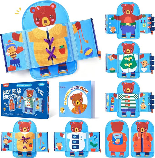 JoyCat Dressing Busy Book for Toddlers 2-4,Montessori Travel Toys | Seven real dressing activities provide buckle, zipper, button and tying practice in a portable travel busy book