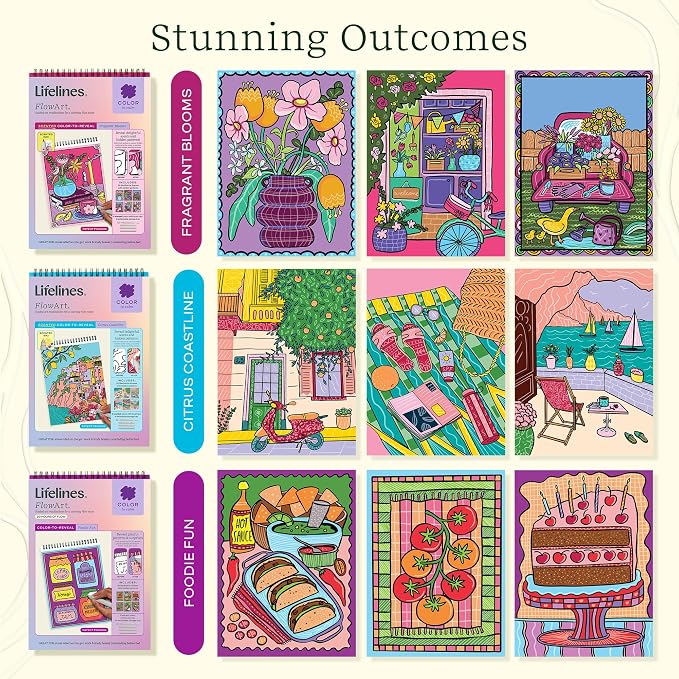 Lifelines FlowArt Activity Pad 3-Pack, Guided Art Meditation Coloring Books | 12 Double-Sided Markers, 60 Scenes - Guided Dot Art Meditations for Tweens, Adults & Seniors - Patent-Pending