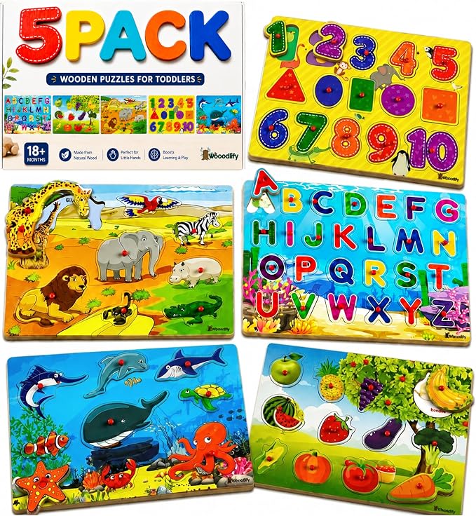 5 Pack Wooden Peg Puzzles for Toddlers 1-3 - Toddler Puzzles with Alphabet Numbers & Animals — Baby Wood Puzzle Gift - Puzzles for Toddlers 2-4 - Puzzles for Kids Ages 3-5 Learning Toys Boys and Girls