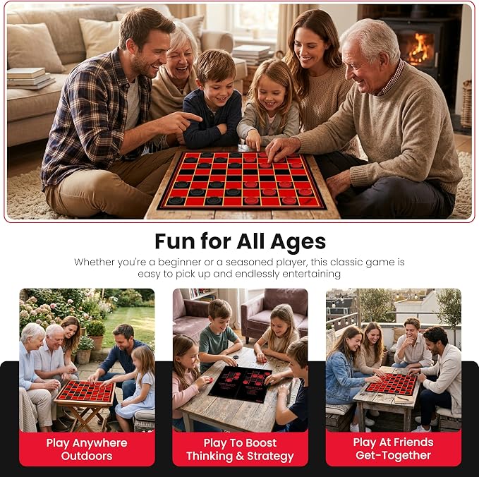 Kangaroo - Multiplayers Strategy Checker Board Game for Kids & Adults - Portable Educational Travel Cardboard Checkers - Includes Large Board w/ 24 Checkers (12 Red and 12- Black) 15x15 Inches | Multiplayers Strategy Portable Educational Travel Cardboa...