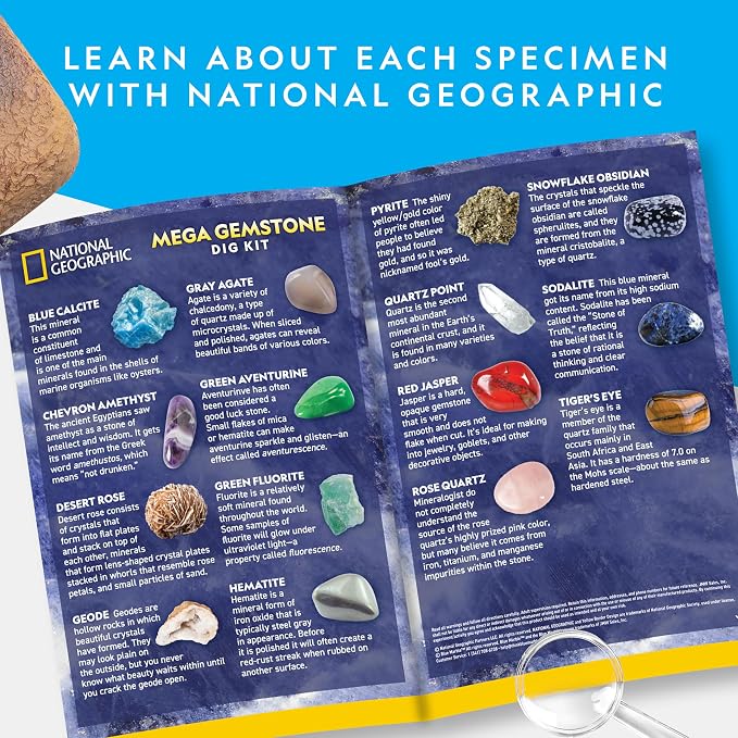 NATIONAL GEOGRAPHIC Mega Gemstone Dig Kit – Dig Up 15 Real Gemstones and Crystals, Science Kit for Kids, Gem Digging Kit, Gift for Girls and Boys, Mining Kit, Rock Collection | Amethyst, Pyrite, Quartz & More, Gem Mining Activity, Excavation Tools, Mag...
