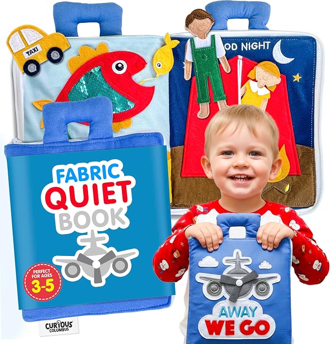 Curious Columbus Away We Go Busy Book, Fabric Travel Activity Quiet Book | 10 Colorful Vacation-Themed Pages, Motor Skill Activities, Sewn-In and Removable Pieces, 3D Pop-Ups, Airplane Travel Toy