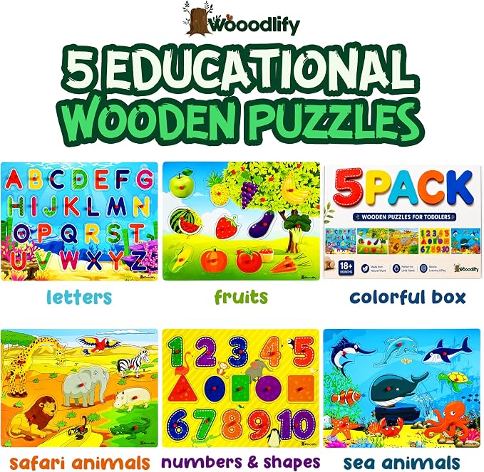 5 Pack Wooden Peg Puzzles for Toddlers 1-3 - Toddler Puzzles with Alphabet Numbers & Animals — Baby Wood Puzzle Gift - Puzzles for Toddlers 2-4 - Puzzles for Kids Ages 3-5 Learning Toys Boys and Girls