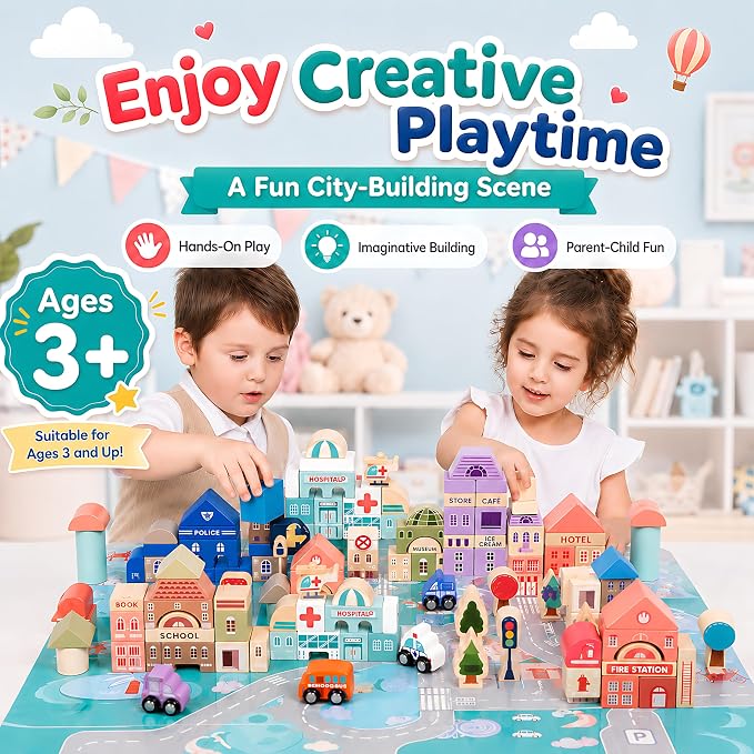 Migargle Wooden Building Blocks Set, 115 Pcs City Construction Stacker Stacking Preschool Learning Educational Toys, Toddler Toys for 3+ Year Old Boy and Girl Gifts