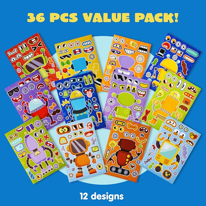 JOYIN 36 Sheets 9"x6" Make a face Stickers for Kids, Make Your Own Robot Stickers, Crafts Birthday Party Favors, Goodie Bags Classroom Activities
