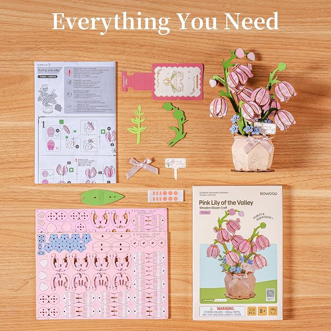 rowood Pink Lily of the Valley,Wooden Flower 3D Puzzles for Adults,DIY Craft Kits for Women,Botannical Collection Building Set,Mothers Day/Teachners Day Gift
