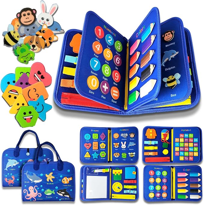 Montessori Busy Book for Toddlers 1-4 Years – Felt Quiet Book & Busy Board with 8 Pages, 21-in-1 Activities – Alphabet, Numbers, Colors, Shapes, Animals – Travel Toy for Boys & Girls