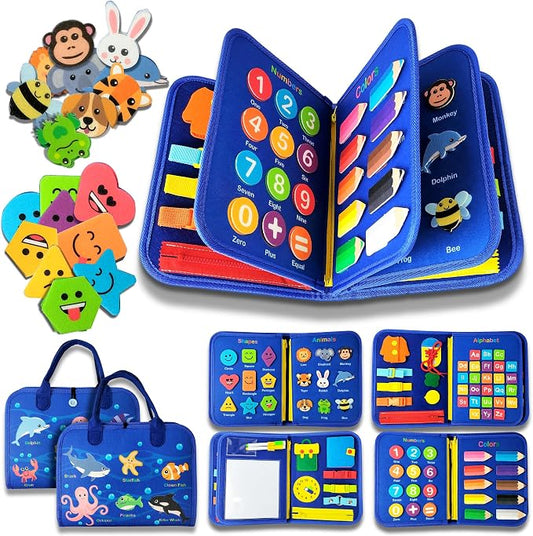 Montessori Busy Book for Toddlers 1-4 Years – Felt Quiet Book & Busy Board with 8 Pages, 21-in-1 Activities – Alphabet, Numbers, Colors, Shapes, Animals – Travel Toy for Boys & Girls