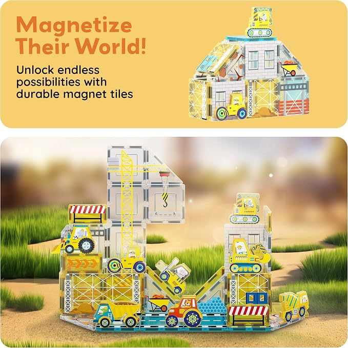 PicassoTiles Magnet Tiles Magnetic Building Blocks with 8 Construction Vehicles Crank Truck Excavator Bulldozer Road Roller Concrete Mixer Tractor Dump Truck Forklift Toys Learning Kids Ages 3+ PTQ11 | 8 trucks, crane, excavator, bulldozer, dump, road ...