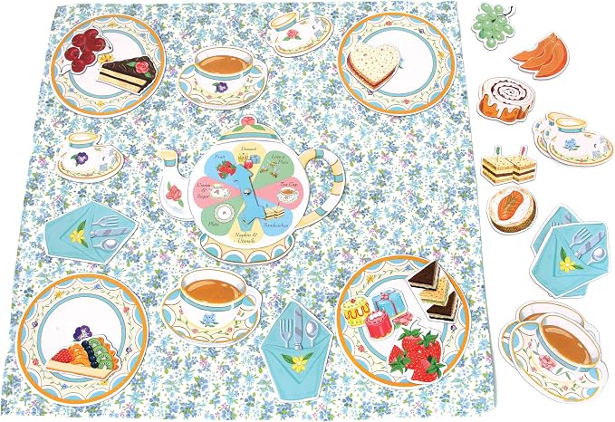 eeBoo Tea Party Spinner Game, Social Skills Game, Ages 3+, 2-4 Players | Develops patience & social skills through imaginative play. Includes spinner, food pieces & fabric tablecloth. 15-30 min game