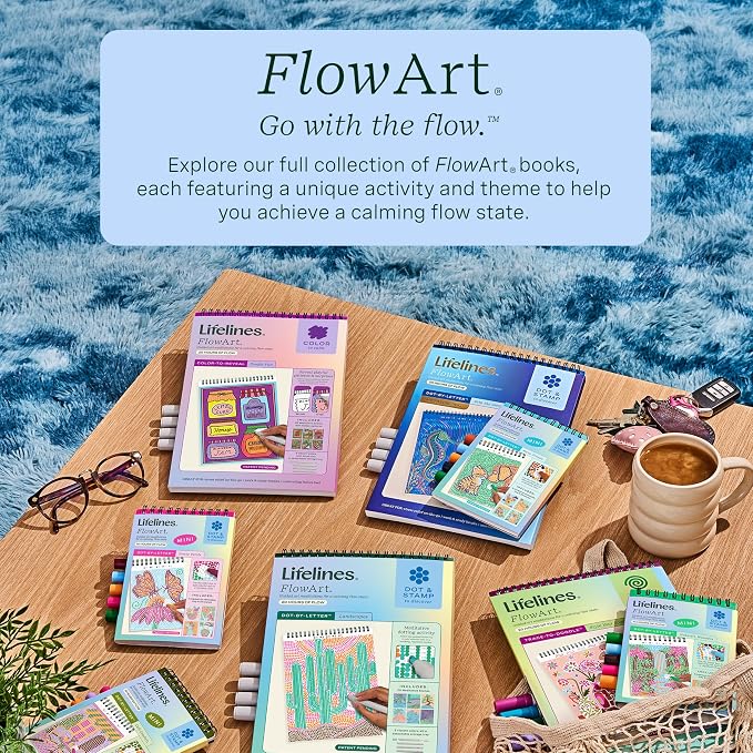 Lifelines FlowArt Activity Pads, 3-Pack, Dot-by-Letter Coloring Books | 12 Double-Sided Markers, 60 Scenes - Guided Dot Art Meditations for Tweens, Adults & Seniors - Patent-Pending