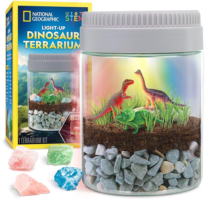 National Geographic Light-Up Dinosaur Terrarium Science Kit for Kids | Multicolor Light, Real Plants, Dinosaur Habitat, Real Gemstones, DIY Nature Activity, Science Learning Toy, Birthday Gift