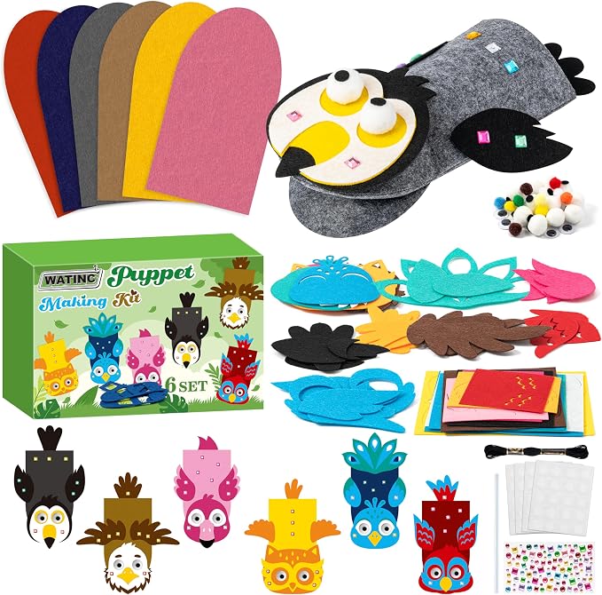 WATINC Hand Puppet Making Kit, Felt Sock Puppet Toys for Kids (Bird A) | 6 Styles, Make Your Own Storytelling & Role Play Crafts, Creative Group Activity, Party Favors & Gifts for Kids Ages 4-8