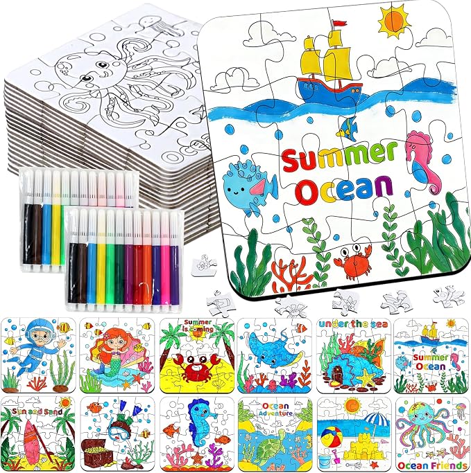 24 Set Summer Crafts for Kids Bulk, Summer Ocean Activities Puzzle with Mermaid Fish Starfish Animal, Camp Beach Arts and Crafts Classroom Gifts, Under the Sea Theme Party Favors, June Coloring Games
