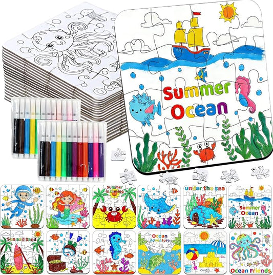 24 Set Summer Crafts for Kids Bulk, Summer Ocean Activities Puzzle with Mermaid Fish Starfish Animal, Camp Beach Arts and Crafts Classroom Gifts, Under the Sea Theme Party Favors, June Coloring Games