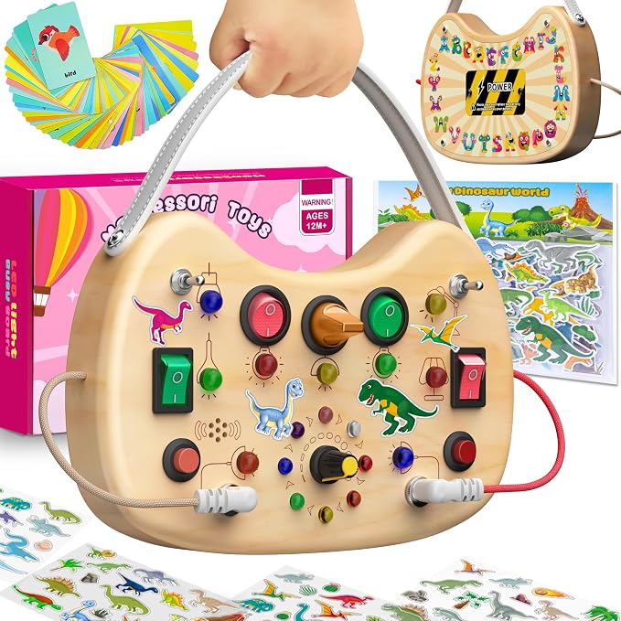 flycoost Montessori Toddler Busy Board,Wooden with 17 LED Lights Switch | | Travel Toys for Toddlers 1-3 Years,Toddler Sensory Activity Boards, Toys for 1 Year Old Girls