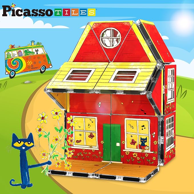 PicassoTiles Magnetic Tiles Pete the Cat Home Theme Building Blocks Double Sided Printing Toddler Magnet Toys Education STEM Learning Kit Construction Brain Development Preschool Kid Game Boy Girl 3+