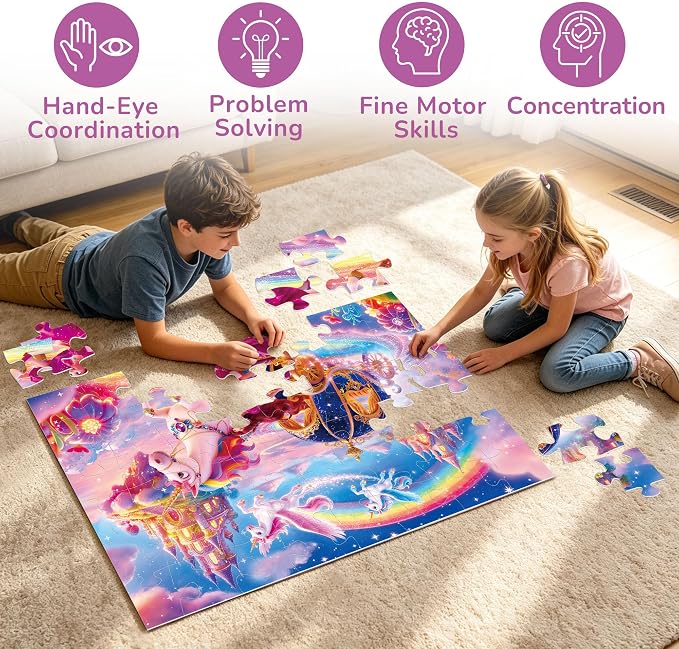 BenBen Floor Puzzles for Kids Ages 4-6, 2 x 3 Feet Unicorn Princess Puzzle | 48 Pieces Extra-Thick Large Piece Jumbo Jigsaw Puzzle for Toddlers, Preschool Educational Toy with Storage Box for Girls Boy