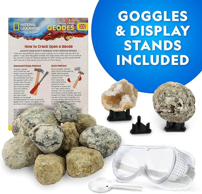 National Geographic Break Open 15 Premium Geodes Science Kit for Kids | Extra-Large Natural Specimens, Safety Goggles, Real Crystals Inside, Break Your Own Geodes, Earth Science, Birthday Gift