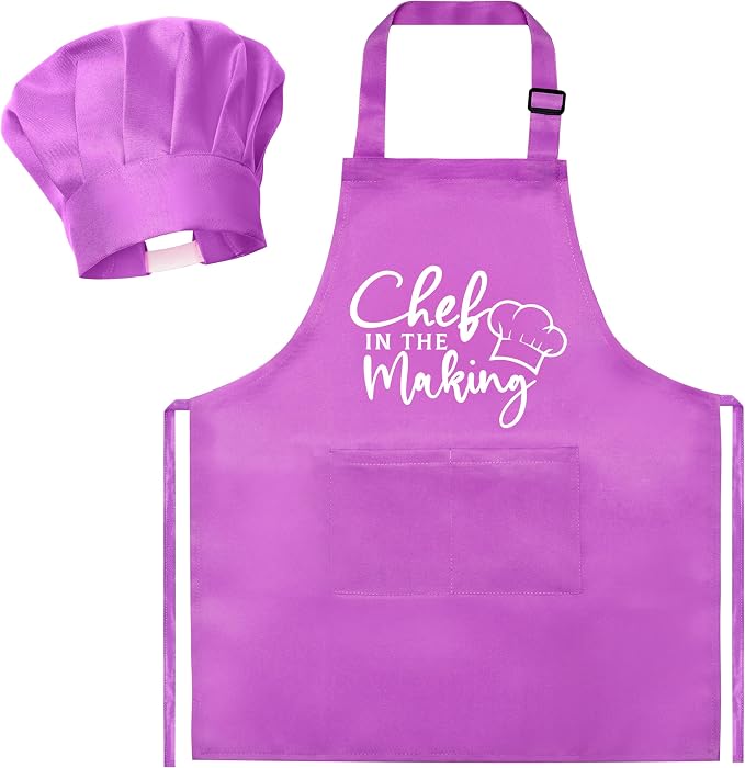 R HORSE Kid Apron and Chef Hat Set - 2Pcs Purple Adjustable Children Kitchen Toddler Apron with Pockets for Kids, Funny Dress up Pretend Play Toy Birthday Gift for Cooking Baking Painting