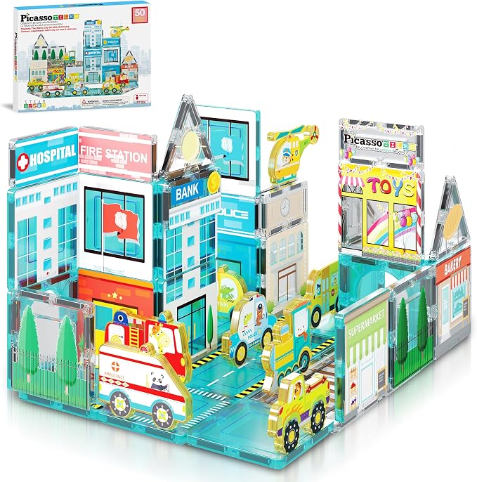 PicassoTiles Metro City Hospital Magnetic Tiles, STEM Building Set Ages 3+ | 8 vehicles and figures, illustrated road and rescue scenes, imaginative role play, screen-free learning for curious minds