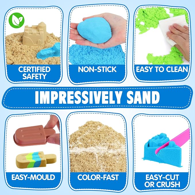 Billeeit. 4.4 lbs Play Sand w/Storage Sand Box for Kids 3+ | 4-Pack(2 Yellow, 1 Blue, 1 Green) Self-Sticking Sensory Sand with Storage Box for Shaping Molding Sensory Bin Refill