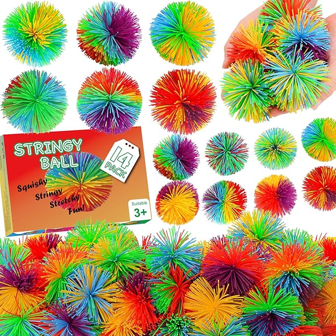 SHQDD 14 PCS Stringy Balls, Sensory Stringy Ball, 2.75 inch Soft Rainbow Pom Bouncy, Basket Stuffers Fillers, Monkey Pom Balls Fidget Toys Stress Ball, Party Favors Birthday Gifts (Multi-Color)