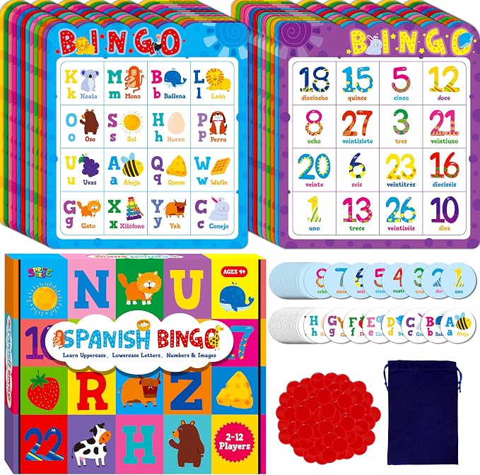 SpriteGru Spanish Bingo Game, 12 Bingo Board Spanish Letters, Numbers & Words Vocabulary Game, Early Educational Toys for Learning - Ages 4 and up, Perfect for Classroom & at Home (Up to 12 Players)