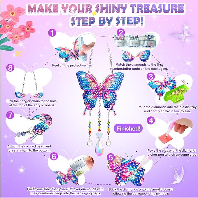 Diamond Art Kits for Kids Ages 8-12, 3 PCS DIY Gem Art Suncatchers for Kids | Diamond Art Kit with 3 Paintings and 2 Tool Sets, Craft Kits Birthday Gift for Girls Ages 8-12, Home/Garden/Backpack Décor