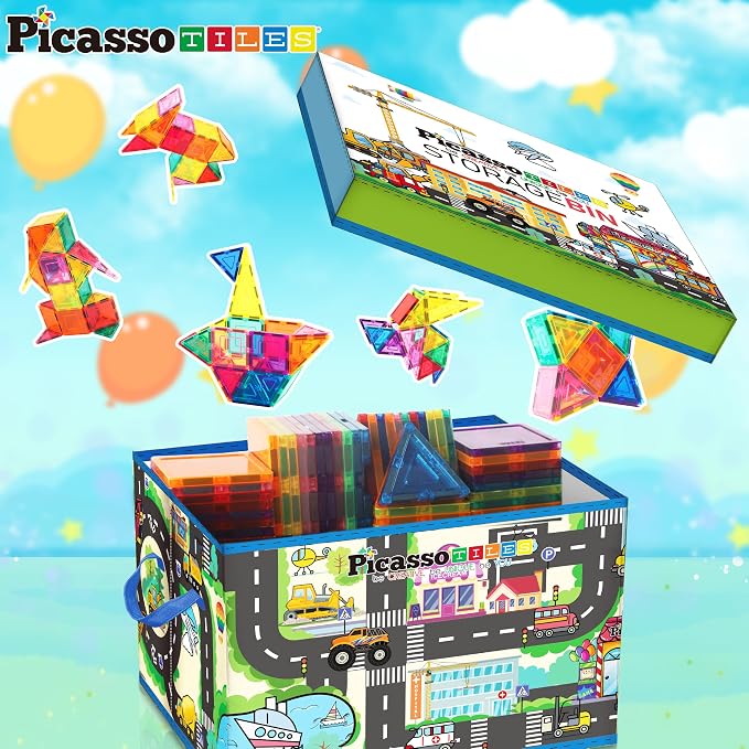 PicassoTiles Magnet Tile Toy Organizer Foldable City Theme Storage Bin Box with Lid and Handles Magnetic Tiles Building Blocks STEM Educational Pretend Play Playroom Toys Toddler Kids Ages 3 Up PTA33