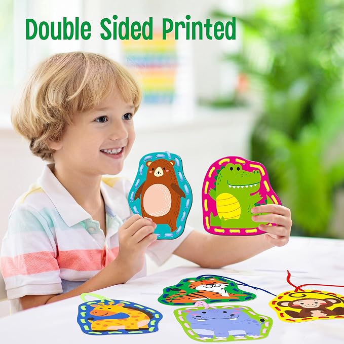SpriteGru 9 Pieces Kids Lacing Cards, Double Sided Sewing Cards in 9 Wild Animals with 9 Colorful Laces, Imagination Development Lacing Toys Games for Children Educational and Learning Activity